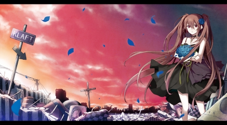 Waste Land - flower, bouquet, anime girl, sorrow, scenery, scenic, serious, emotional, cloud, breeze, wind, windy, brown hair, anime, dress, sky, long hair, petals, scene, sad