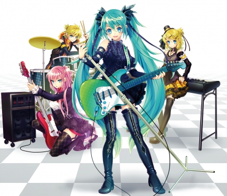 Feel the Beat - guitar, anime girl, blond hair, kagamine, blonde hair, hatsune miku, long hair, mircophone, band, vocaloids, len, vocaloid, diva, female, twintail, superstar, blond, singer, rin, megurine luka, idol, anime, miku, short hair, twin tail, megurine, luka, instruments, girl, pink hair, hatsune, twin tails, green hair, kagamine len, blonde