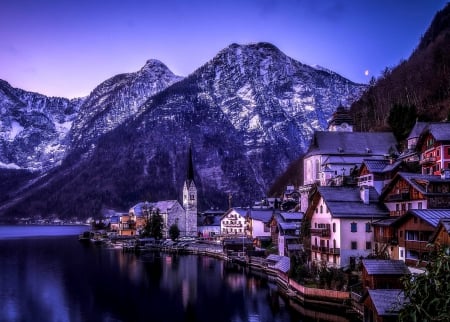 Mountains - mountains, houses, lake, town