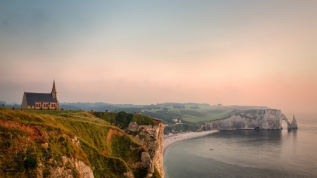 lovely church on sea cliff - people, church, cliff, sea, grass