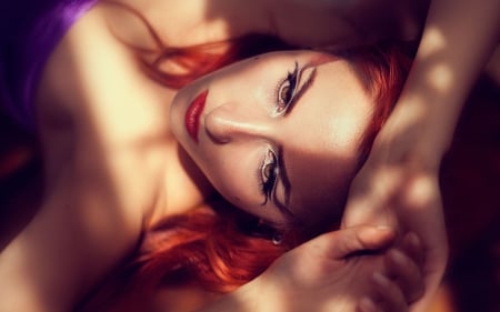 Redhead - make-up, redhead, view from the top, purple, woman, model, girl