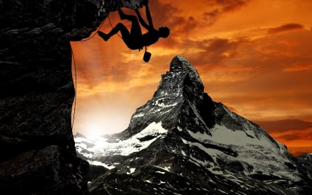 The climber - silhouette, mountain, climber, orange, black