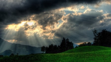 sunbeams over green hills - clouds, sunbeams, hills, dark, trees, grass