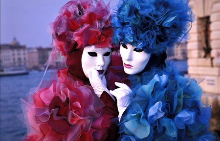 Venice Carnival - mask, people, hat, couple, venice, white, carnival, pink, blue