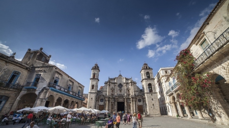 wonderful church plaza in cuba hdr - sky, restaurant, people, plaza, church, hdr