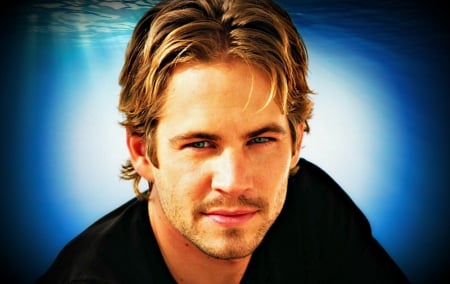 Paul Walker - black, water, blonde, actor, by cehenot, eyes, blue, white, paul walker, man