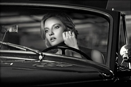 * - close-up, thoughtful, woman, photography, black and white, on the steering wheel