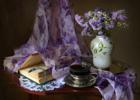 Time to Relax - vase, spoon, coffee, book, table, still life, flowers, purple, tray, cup, doily