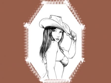 Cowgirl Art - women, fun, female, bikinis, hot, hats, fashion, western, girls, cowgirls, drawing, rodeo, art