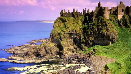 dunluce castle on a sea cliff in northern ireland - ruins, cliff, castle, sea, coast, rocks