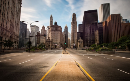 empty street of chicago - city, skyscrapers, avenue, enpty