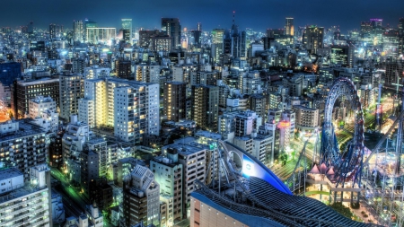 fantastic tokyo at dusk hdr - streets, lights, amusement park, hdr, dusk, city