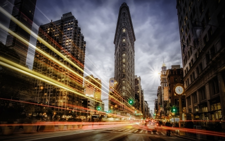 flatiron building in new york city hdr - cirt, streets, lights, hdr, dusk, building