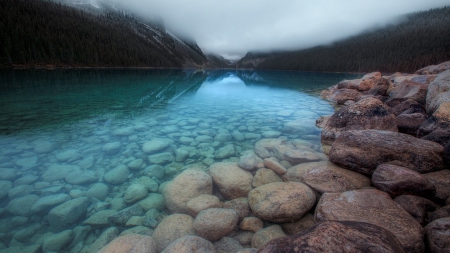 stones in an azure clear lake hdr - lake, mountains, clear, stones, fog, azure, hdr