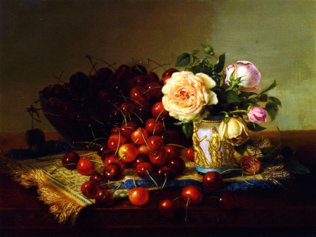 Still Life - blossoms, cheries, roses, fruit