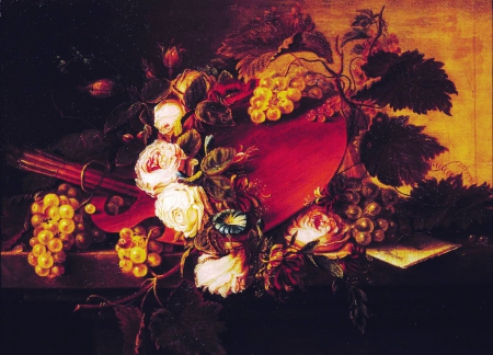 Still Life - blossoms, roses, arrangement, grapes