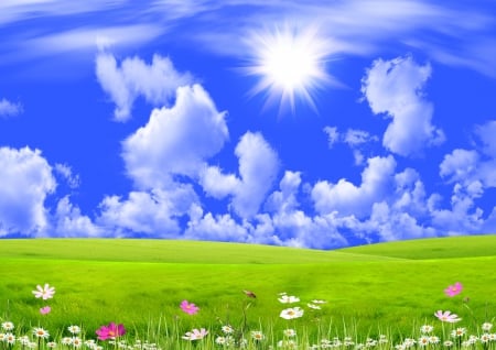 Spring Meadow - rays, sky, sunshine, collage, sun, field, meadow, spring, clouds, green, flowers, grass