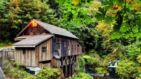 grist mill in the forest - grist mill, stream, forest, falls