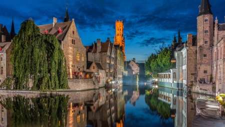 tranquil canal in bruges belgium in evening - evening, church, tranquil, city, canal