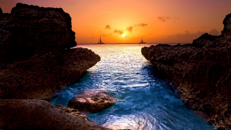 sailboats at sunset - shore, sunset, inlet, sea, sailboats, rocks