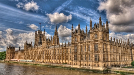 majestic westminster abbey along the thames,hdr - clouds, river, towers, hdr, abbey