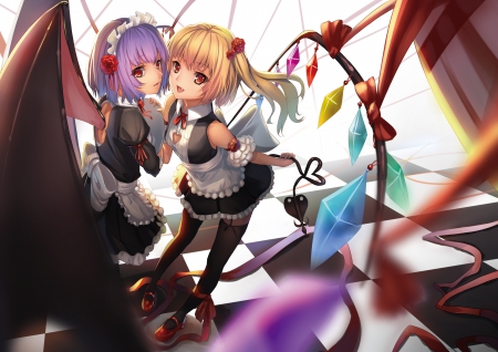 Sisters Maid - pretty, anime, kawaii, female, wing, scarlet, touhou, hd, nice, fladre scarlet, apron, anime girl, beautiful, girl, flandre, beauty, lovely, maid, sweet, twins, sisters, wings, remilia scarlet, remilia