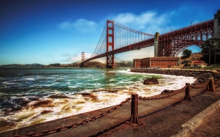 golden gate bridge from a wharf hdr - wharf, hdr, waves, bridge, bay