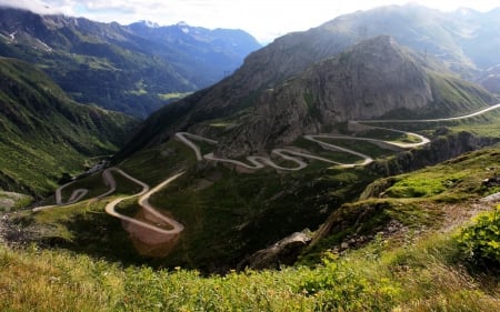 serpentine road in gotthard pass in switzerland - road, serpentine, valley, mountains