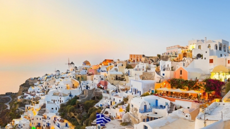 town of oia on santorini island - white, sunset, town, mounatin, restaurant