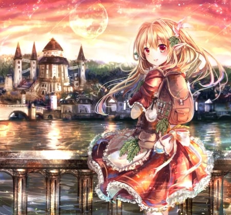 River Side - pretty, anime, kawaii, female, scenery, landscape, scene, dress, long hair, hd, nice, sky, house, gown, anime girl, water, girl, lovely, sweet, river, building