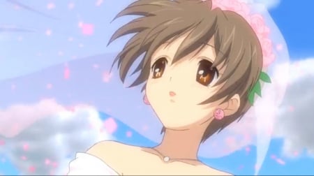 Bride - wedding, maiden, beautiful, blossom, anime girl, girl, wedding veil, lady, cloud, pretty, kawaii, short hair, beauty, veil, sweet, brown hair, anime, sky, clannad, petals, nice, brown eyes, lovely, female