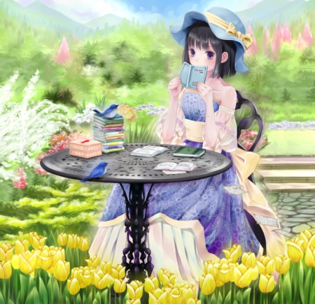 Secret Garden - pretty, bird, anime, elegant, kawaii, female, blossom, dress, books, short hair, gorgeous, garden, sit, nice, sitting, hat, gown, anime girl, beautiful, girl, table, beauty, lovely, cap, sweet, flower, petals, tulip, cute, floral