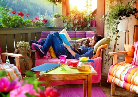 Happy Together - girl, together, cat, outdoor room, wonderful, colorful, pet, balcony, smiling