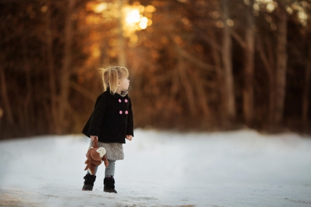 Sweetness - winter, snowy, snow, girl, toy, sweet, winter time, nature, lady, teddy bear, cute, adorable