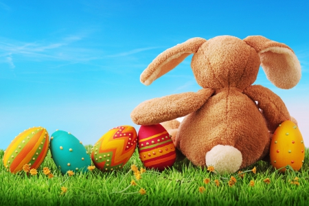 Easter Time - eggs, rabbit, spring, grass, meadow, bunny, toy, easter, flowers, cute