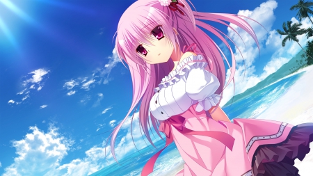 Beach Side - nice, beauty, sky, beach, female, water, anime girl, pretty, cloud, anime, ribbon, tree, sand, scene, pink eyes, ocean, scenic, landscape, girl, long hair, pink hair, gown, lovely, hd, bbon, kawaii, coconut tree, beautiful, scenery, sweet, sea, dress