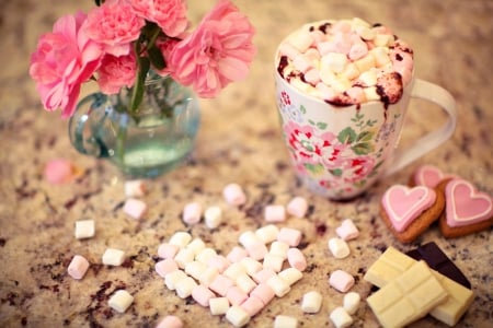 Marshmallow with Chocolate - with love, bokeh, love, heart, for you, flowers, chocolate, cookies