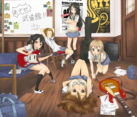 HTT Club - anime, female, room, team, lying, yui, akiyama mio, uniform, k-on, group, guitar, anime girl, laying, kon, girl, band, chair, ritsu, school uniform, mio akiyama, mio, lay