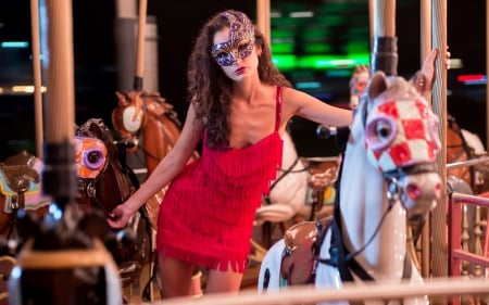 Girl - mask, woman, red, model, carousel, dress, girl, horse