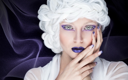 Beauty - hat, fashion, girl, beauty, make-up, white, purple, woman, model