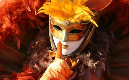 Venice Carnival - white, mask, carnival, yellow, venice, feather, orange, glove