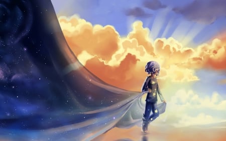 Fantasy - sky, stars, day, night, fantasy, art, cloud, blue, boy, orange, anime