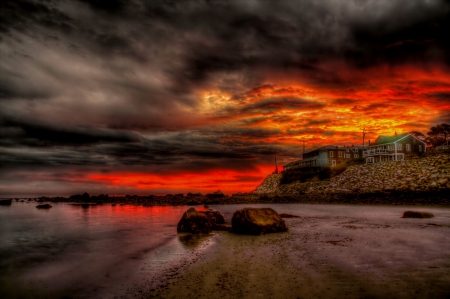 Fiery sunset - clouds, house, sundown, coast, beach, beautiful, sea, lovely, shore, sunset, red, fiery, sands, sky, rocks