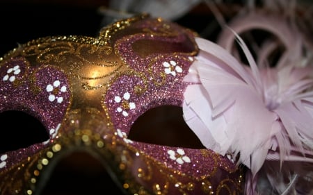 Mask - feather, carnival, venice, pink, mask, golden, glitter