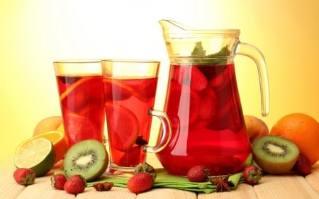 Juice - drinks, strawberry, tasty, drink, oranges, red, juice, lemon, kiwi