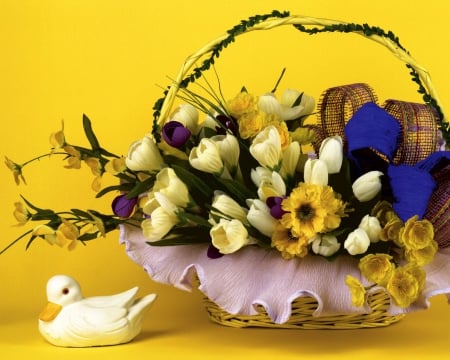 Springtime Basket - duck, blossoms, springtime, colors, still life