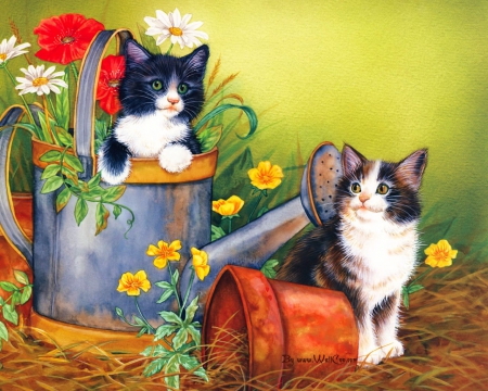 Kitten - pot, flowers, utensils, blossoms, can, garden, artwork