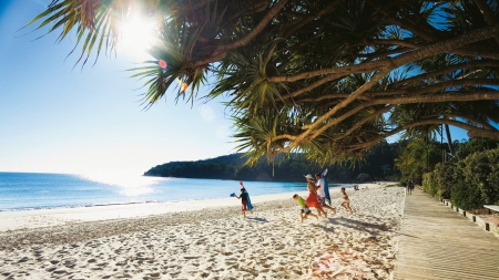 a family running onto a tropical beach - family, beach, boardwalk, trees, sea, sun