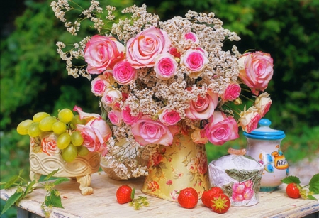 'Summer Pink Pleasures' - roses, fruits, photography, summer, gardening, lovely, creative pre-made, love four seasons, food and drink, pink, beautiful, seasons, colors, happiness, flowers, lovely still life