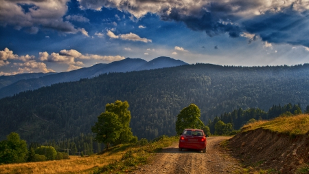 a car on a mountain dirt road hdr - clouds, car, sunbeams, hdr, road, dirt, mountains